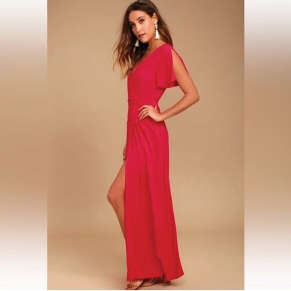 Lulu's Much Obliged Red Wrap Maxi Dress - Size Medium - Picture 3 of 5